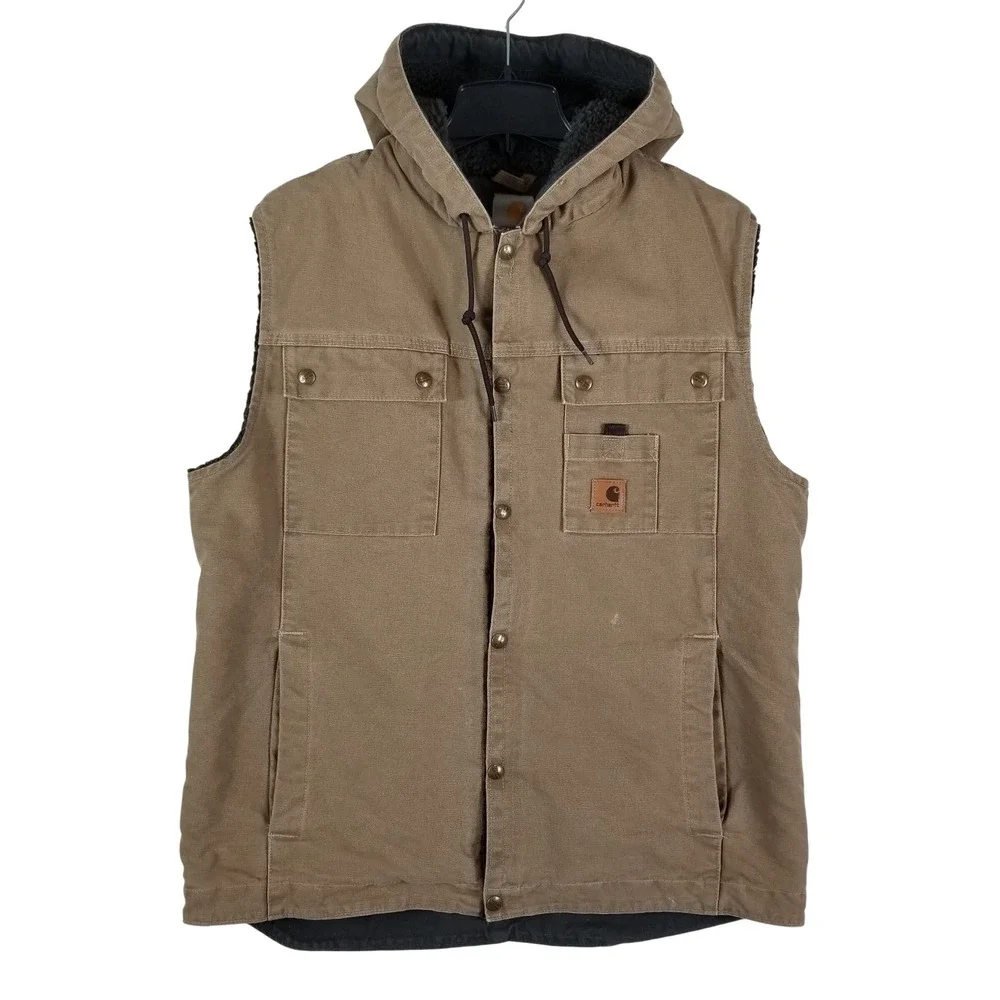 Carhartt Hooded Vest Mens‎ Large Brown Sherpa Lined Duck Canvas 100114 903